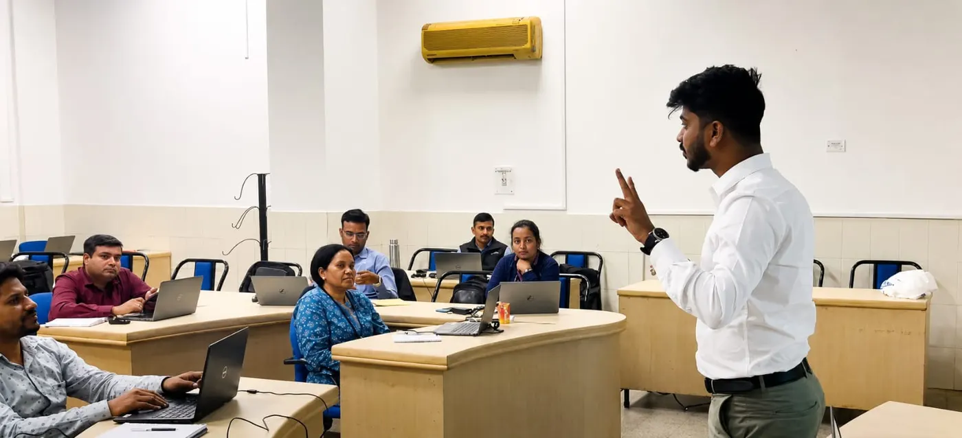 Trainer gesturing while addressing a seated classroom of corporate learners